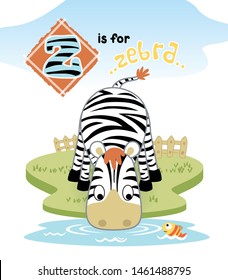 Cartoon of cute zebra drinking water in the swamp, little fish in water