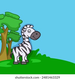 Cartoon cute zebra standing on nature view background.