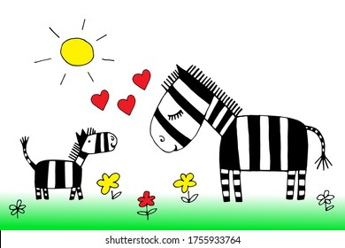 Cartoon cute zebras, mother and baby. Vector illustration.