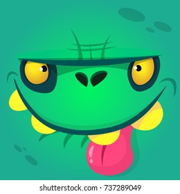 Cartoon cute zombie face showing tongue. Vector zombie monster square avatar