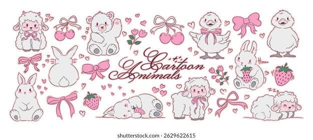 Cartoon cutie animal sticker. Label set with hearts, bows, fruits, and flowers. Cute mascot character for kids. Vector set isolated on white background