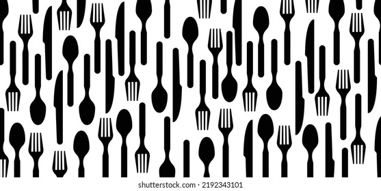 Cartoon cutlery, fork, spoon, knife silhouette pattern. Vector, seamless food patterns. Food, restaurant, menu. spoons, knives, forks. Kitchen element or tools. kitchen utensils. world food day