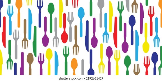 Cartoon cutlery, fork, spoon, knife silhouette pattern. Vector, seamless food patterns. Food, restaurant, menu. spoons, knives, forks. Kitchen element or tools. kitchen utensils. world food day.