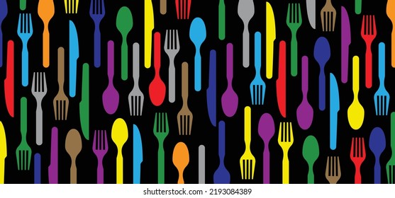 Cartoon cutlery, fork, spoon, knife silhouette pattern. Vector, seamless food patterns. Food, restaurant, menu. spoons, knives, forks. Kitchen element or tools. kitchen utensils. world food day