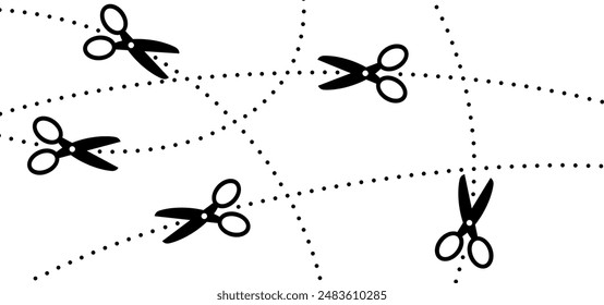 Cartoon cutout line pattern. Scissors icon. Snip markers. Flat vector cut lines. Scissor for cutting coupon, voucher or paper. For dotted line with shears or scissors cut lines symbol. 