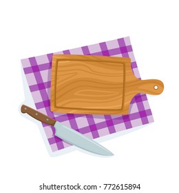 Cartoon cutting board, knife on violet napkin isolated on white background used for magazine, book, poster, card, menu cover, web pages. Bright vector illustration of cooking elements.