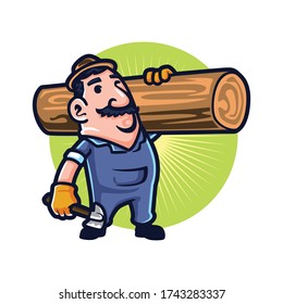 Cartoon Cutting Tree And Hauling Man Mascot logo