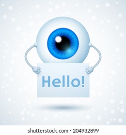 Cartoon Cyber Eye Holding Paper Sheet with Lettering Hello. Vector Character