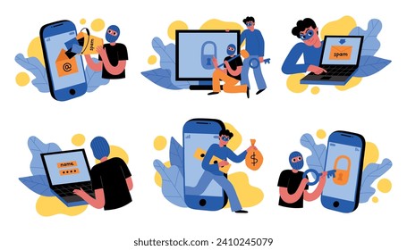 Cartoon cyber hackers characters. Online security is under threat, theft of personal data and passwords, hacking of pages scenes, vector set.eps
