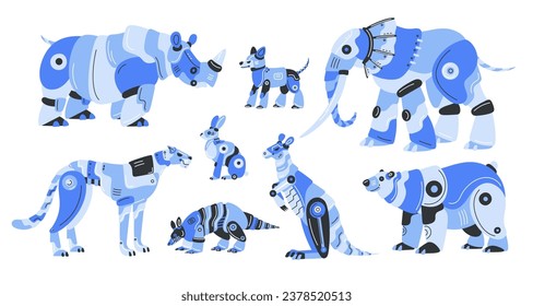 Cartoon cyborg animals. Robotic fauna characters. Mechanical mascots. Futuristic transformers. Metal rhinoceros. Automaton creature. Elephant and bear. Automatic machine