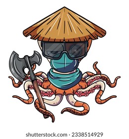 Cartoon cyborg octopus character with Chinese hat, a war axe, glasses and a face mask. Illustration for fantasy, science fiction and adventure comics