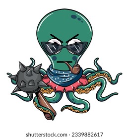 Cartoon cyborg octopus character with glasses smoking a pipe with a war mace. Illustration for fantasy, science fiction and adventure comics