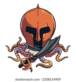 Cartoon cyborg octopus character with medieval gladiator helmet and pirate sword. Illustration for fantasy, science fiction and adventure comics