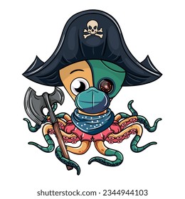 Cartoon cyborg octopus character with pirate hat, face mask and an axe in his tentacle. Illustration for fantasy, science fiction and adventure comics