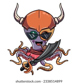 Cartoon cyborg octopus character wearing a viking helmet, holding a pirate sword and smoking a pipe. Illustration for fantasy, science fiction and adventure comics