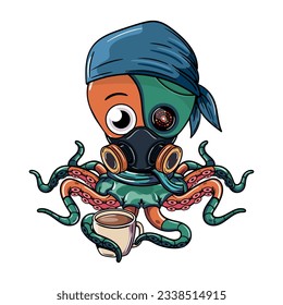 Cartoon cyborg octopus character wearing gas mask with a cup of coffee. Illustration for fantasy, science fiction and adventure comics