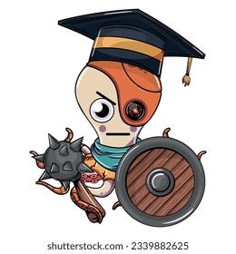 Cartoon cyborg octopus character wearing graduation cap upset with a shield and a war axe. Illustration for fantasy, science fiction and adventure comics