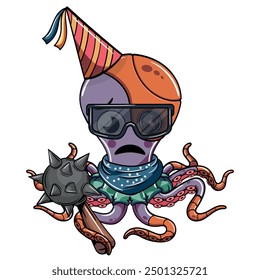 Pulpo cyborg de dibujos animados con un sombrero de fiesta, gafas de sol y una bandana, sosteniendo una maza con púas con una expresión gruñona. Ilustración para comics de fantasía, ciencia ficción y aventura