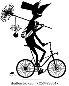 Cartoon cycling chimney sweeper. 
Chimney sweeper on the bicycle with rope, chimney brush. Black and white illustration
