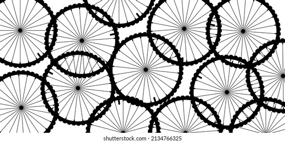 Cartoon cycling wheels line pattern. Sport icon. Cyclist wheel logo or pictogram. Cycling or bike rims symbol. Silhouettes of wheels with spokes. Bicycle wheels spoke. Mountain bike. Mamil, mawil