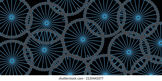 Cartoon cycling wheels line pattern. Sport icon. Cyclist wheel logo or pictogram. Retro cycling or bike rims symbol. Silhouettes of wheels with spokes. Bicycle wheels spoke. Mountain bike banner