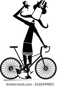 Ciclista de desenhos animados bebe água. Cartoon longo bigode homem de pé perto de uma bicicleta e bebidas bebida. Ilustração em preto sobre branco	
