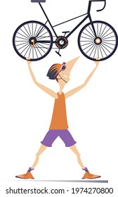 Cartoon Cyclist Man With A Bike Illustration.
Smiling Cyclist Man In Helmet And Sunglasses Holds A Bike Overhead Isolated On White
