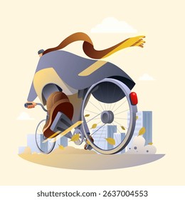 cartoon cyclist rides fast through city, vector illustration