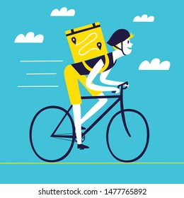 Cartoon cyclist with a square backpack on his back. Editable vector illustration about bicycle delivery for your design.