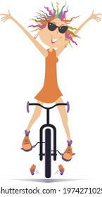 Cartoon Cyclist Woman Rides A Bike Illustration.
Happy Cyclist Young Woman In Sunglasses Rides A Bike And Raises Hands Overhead Isolated On White
