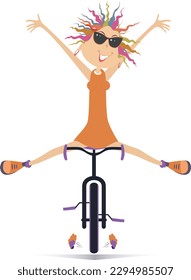 Cartoon cyclist woman rides a bike. 
Happy cyclist young woman in sunglasses rides a bike and raises hands and legs
