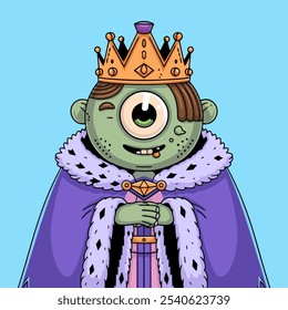 Cartoon cyclops king with a crown and royal attire.