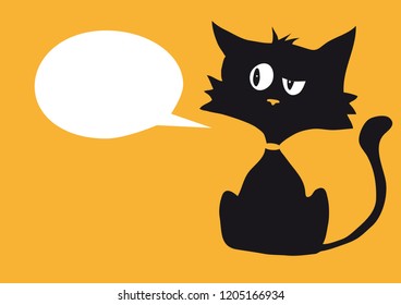 Cartoon cynical cat with one empty white bubble label for custom text, bright orange background

