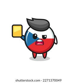 cartoon czech republic flag badge character as a football referee giving a yellow card , cute style design for t shirt, sticker, logo element