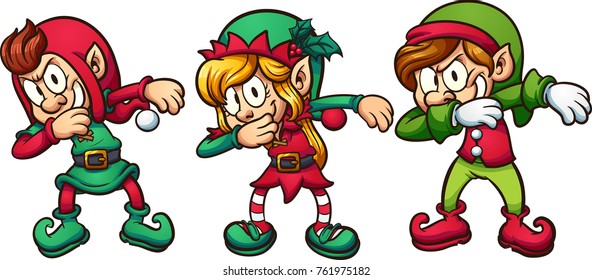 Cartoon dabbing Christmas elves. Vector clip art illustration with simple gradients. Each on a separate layer. 
