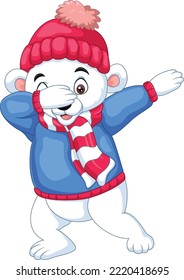 Cartoon dabbing dance polar bear with winter clothing