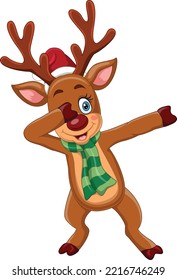 Cartoon dabbing deer with santa hat and scarf