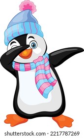 Cartoon dabbing penguin with hat and scarf