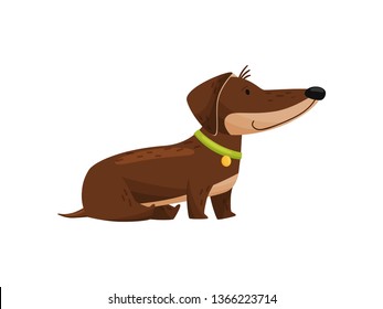 Cartoon dachshund with bone on white background.