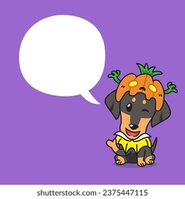 Cartoon dachshund dog with halloween costume and speech bubble for design.