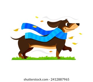 Caricatura de cachorro de perro de dachshund envuelto en una acogedora bufanda, ranas entre hojas de otoño, su espíritu lúdico que refleja los vivos colores de la temporada en una escena vectorial encantadora