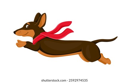 Cartoon dachshund dog puppy character leaping through the air, wearing flowing red scarf. Playful animal pet with its ears perked appears dynamic and adventurous, symbolizing speed, excitement and joy