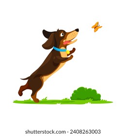 Cartoon dachshund dog puppy characters delights in catching butterflies. Vector pet with wagging tail playfully chases the colorful winged creatures, spreading joy and capturing the beauty of nature