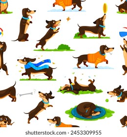 Cartoon dachshund dog puppy characters seamless pattern. Vector tile background with adorable long-bodied pups with expressive eyes and wagging tails engage in daily activities, fun and leisure