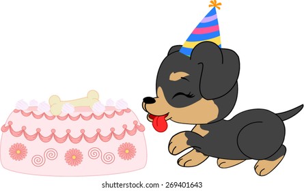 Cartoon dachshund  girl puppy with birthday cake.

