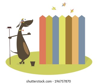 Cartoon dachshund is painting a fence