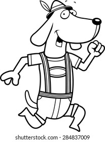 A cartoon dachshund wearing lederhosen and running.