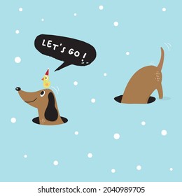 Cartoon dachshunds on white background,Cartoon happy dachshund,Flat vector illustration for prints, clothing, packaging and postcards, cute dog,Happy Birthday,Cute greeting card 