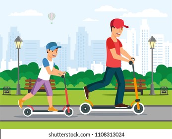 Cartoon dad and father riding on kick scooter in park. City on background. Active leisure concept.