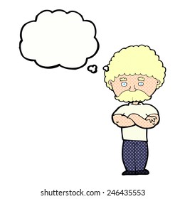 cartoon dad with folded arms with thought bubble